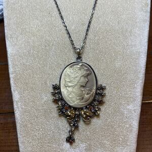 Victorian Trading Co Golden Cameo Pendant Gold & Brown Rhinestones